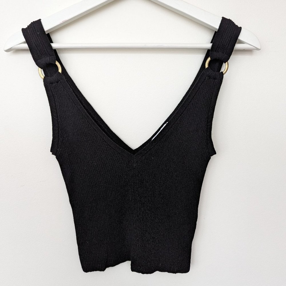 Black Cropped Knit Tank Top with Gold Ring Detail